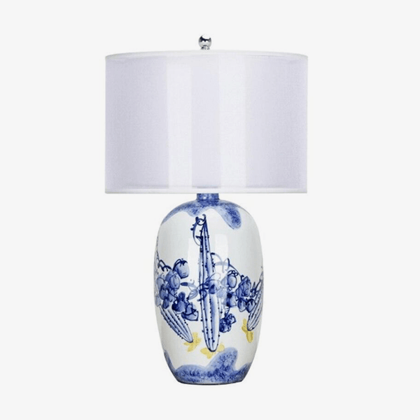 Lampe à poser led en céramique blanc et bleu avec abat-jour style japo