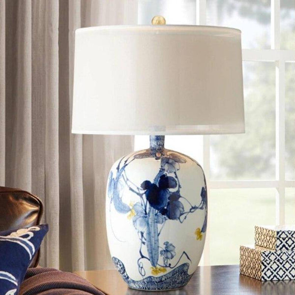 Lampe à poser led en céramique blanc et bleu avec abat-jour style japo