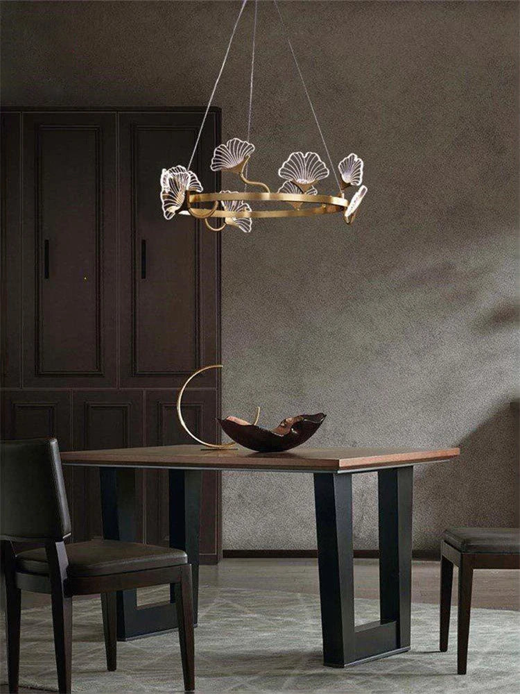 lustre en cuivre simple avec feuilles led style chinois