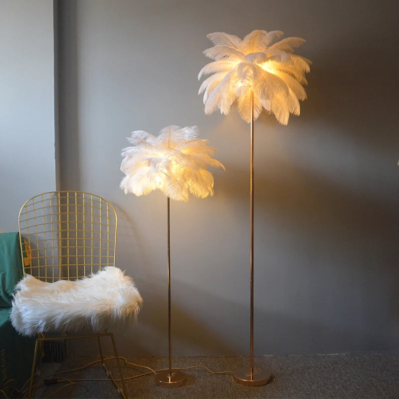 lampadaire décoratif nordique avec plumes d'autruche et éclairage led