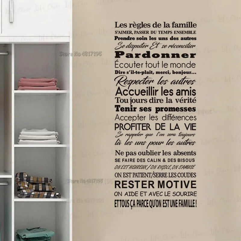 autocollant mural vinyle avec citation règles de la famille décoration intérieure