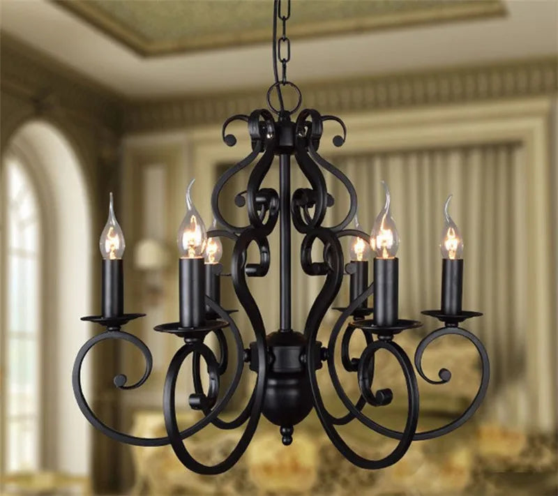 lustre vintage en fer forgé noir pour éclairage intérieur