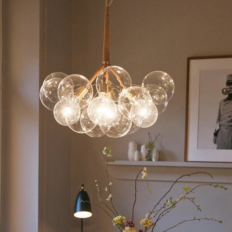 lustre nordique à lunettes avec fils café et lampes en verre