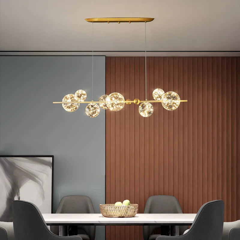 lustre moderne de luxe avec anneaux led et boule de verre