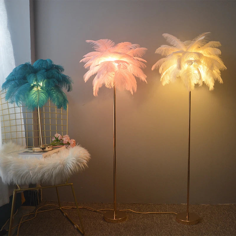 lampadaire décoratif nordique avec plumes d'autruche et éclairage led