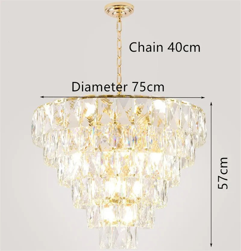 lustre rond en acier doré avec cristal et éclairage led intérieur