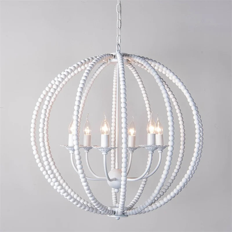 lustre rond en perles de bois style rétro rustique en fer blanc