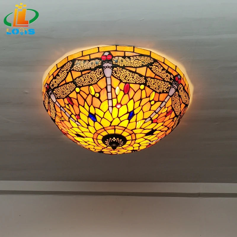 16Inch Dragonfly Ceiling Light Tiffany Style Glass Lamp European Retro Decorative Lighting Bedroom Balcony Bar LED Lighting E27