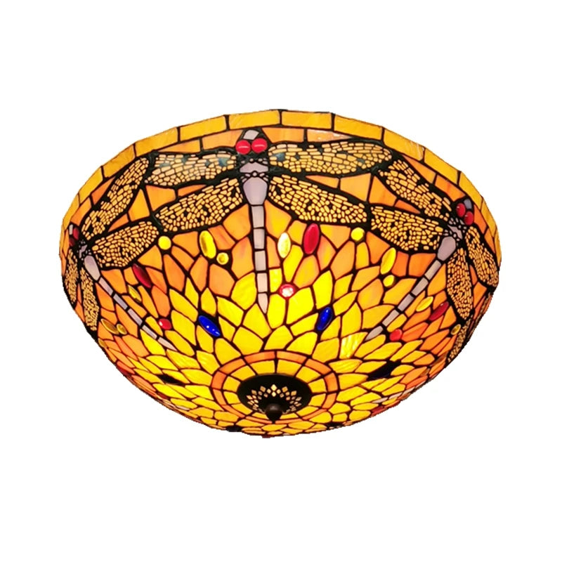 16Inch Dragonfly Ceiling Light Tiffany Style Glass Lamp European Retro Decorative Lighting Bedroom Balcony Bar LED Lighting E27