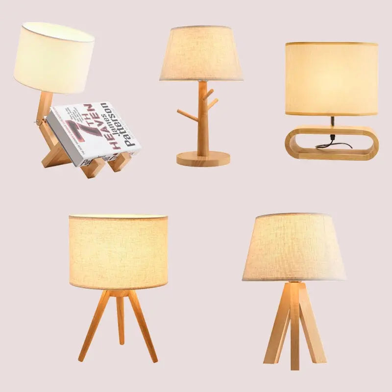 lampe à poser moderne en bois avec abat-jour tissu décoratif