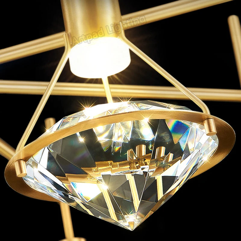 plafonnier de luxe en cuivre avec luminaire moderne en cristal