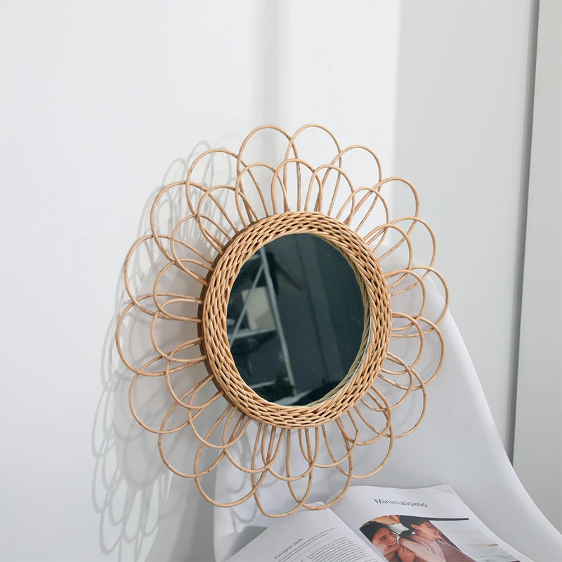 miroir suspendu en rotin motif tournesol décoratif boho