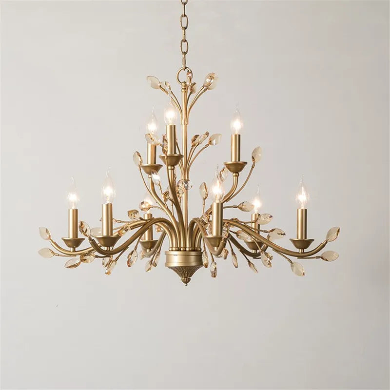 lustre américain en fer forgé avec cristal vintage en branches dorées