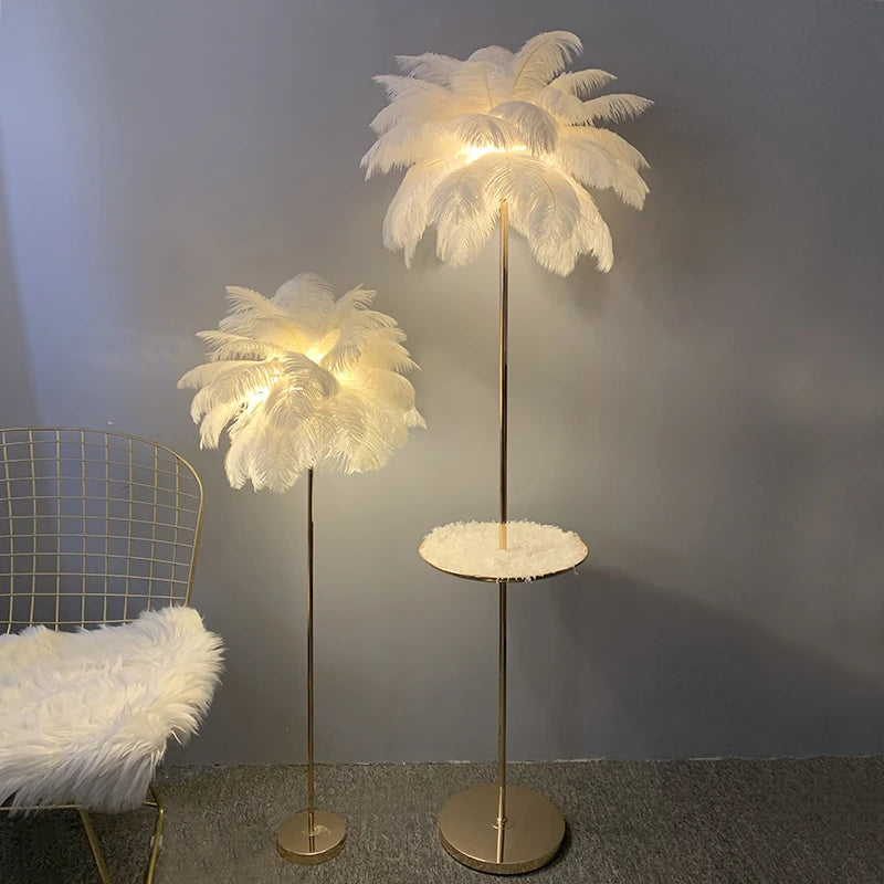 lampadaire décoratif nordique avec plumes d'autruche et éclairage led