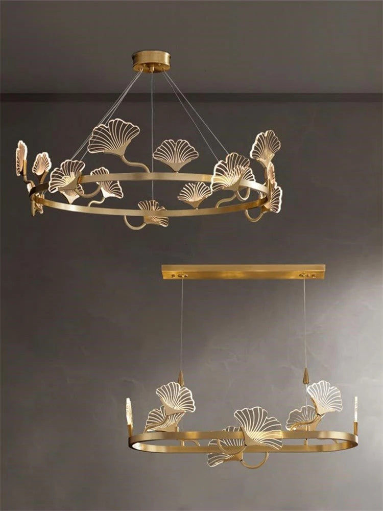 lustre en cuivre simple avec feuilles design led style chinois