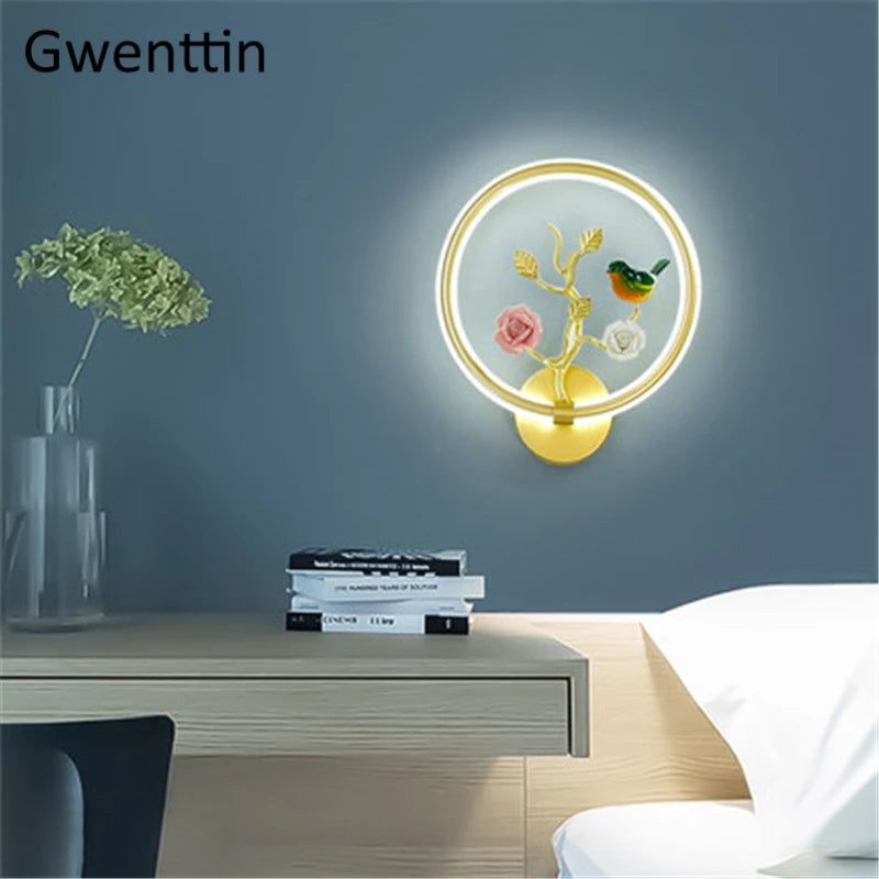 applique murale ronde à led fleur et oiseau décoratif pour intérieur