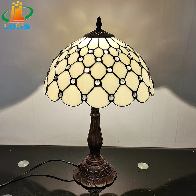 12 Inch European Crystal Bead Glass Table Lamp Tiffany Style Study Room Reading Bar Table Lighting Simple Retro Art Metal Base