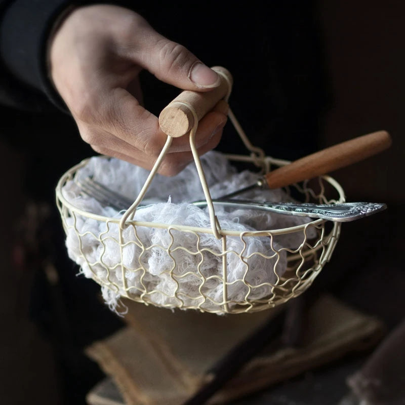 panier rétro en métal avec poignée en bois multifonction pour rangement