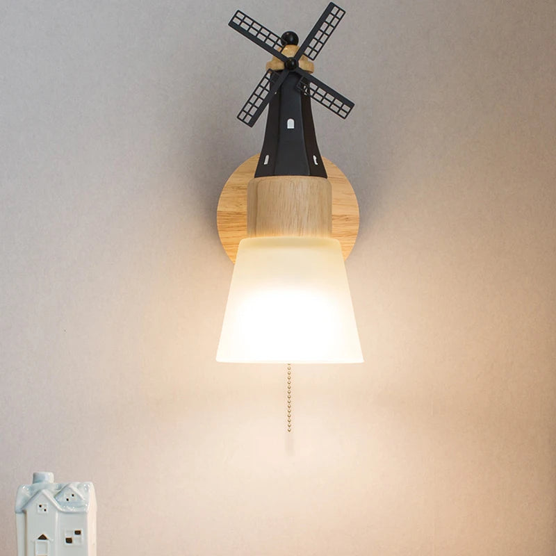 Décor nordique moulin à vent applique murale appliques pour la maison salon enfants chambre chevet miroir lumières bois luminaire