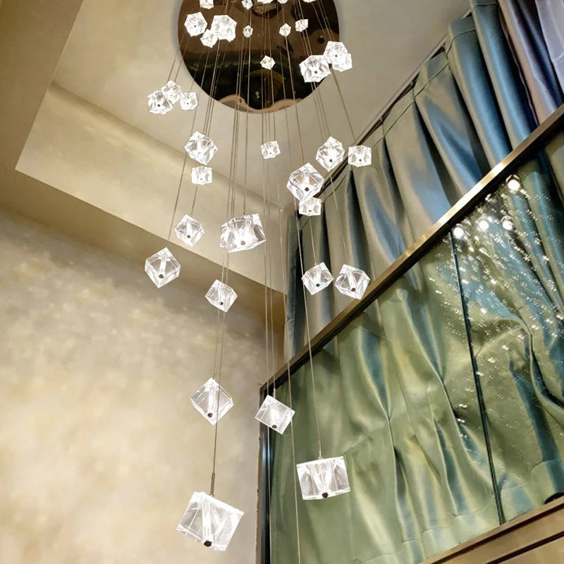 lustre en cristal carré moderne pour escalier et restaurant