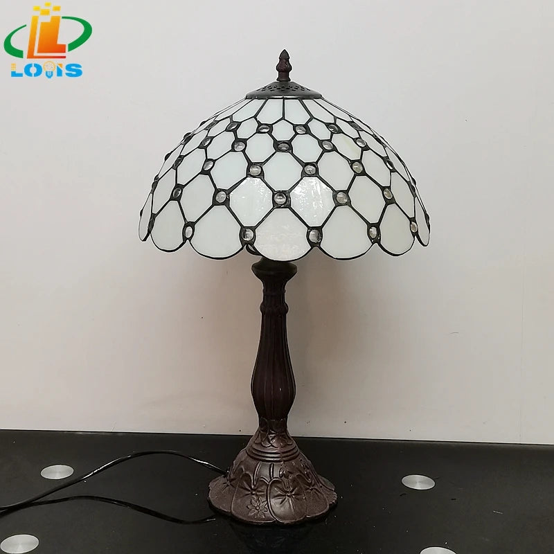 12 Inch European Crystal Bead Glass Table Lamp Tiffany Style Study Room Reading Bar Table Lighting Simple Retro Art Metal Base