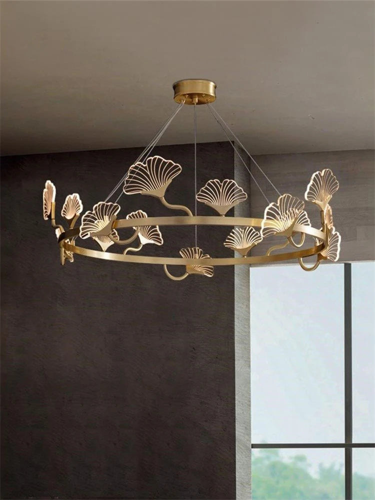 lustre en cuivre simple avec feuilles design led style chinois