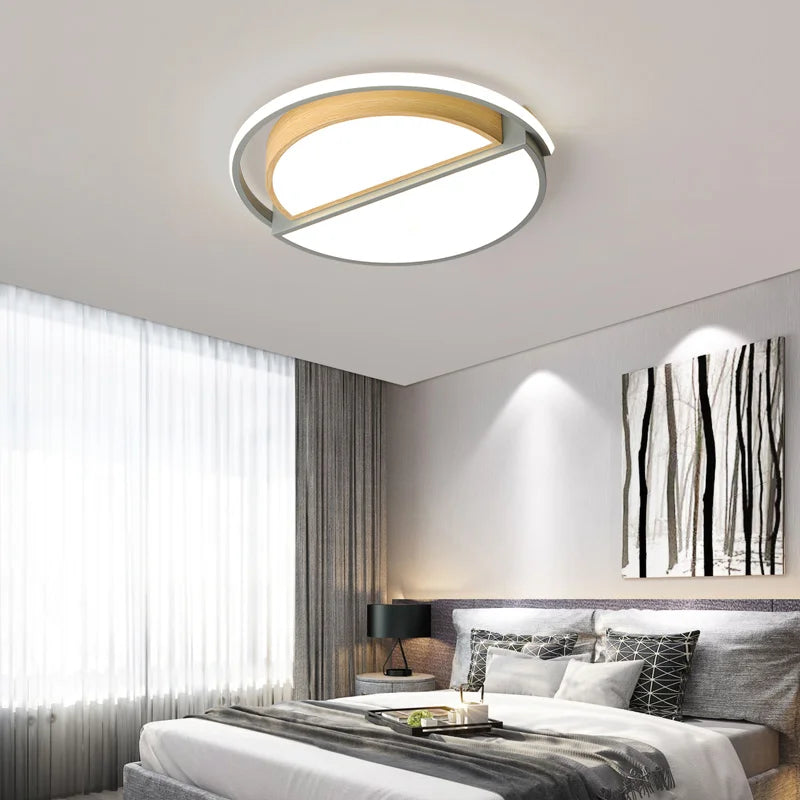 plafonnier rond minimaliste moderne en bois avec lampes led