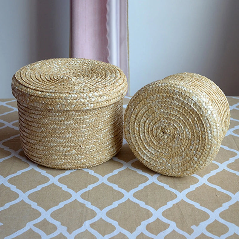 panier de rangement tissé en paille avec couvercle et organisateur