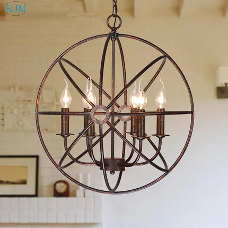lustre industriel vintage américain avec cages rondes pour éclairage décoratif