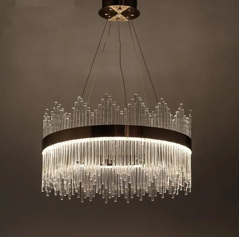 suspension moderne en cristal de luxe avec tiges en verre doré