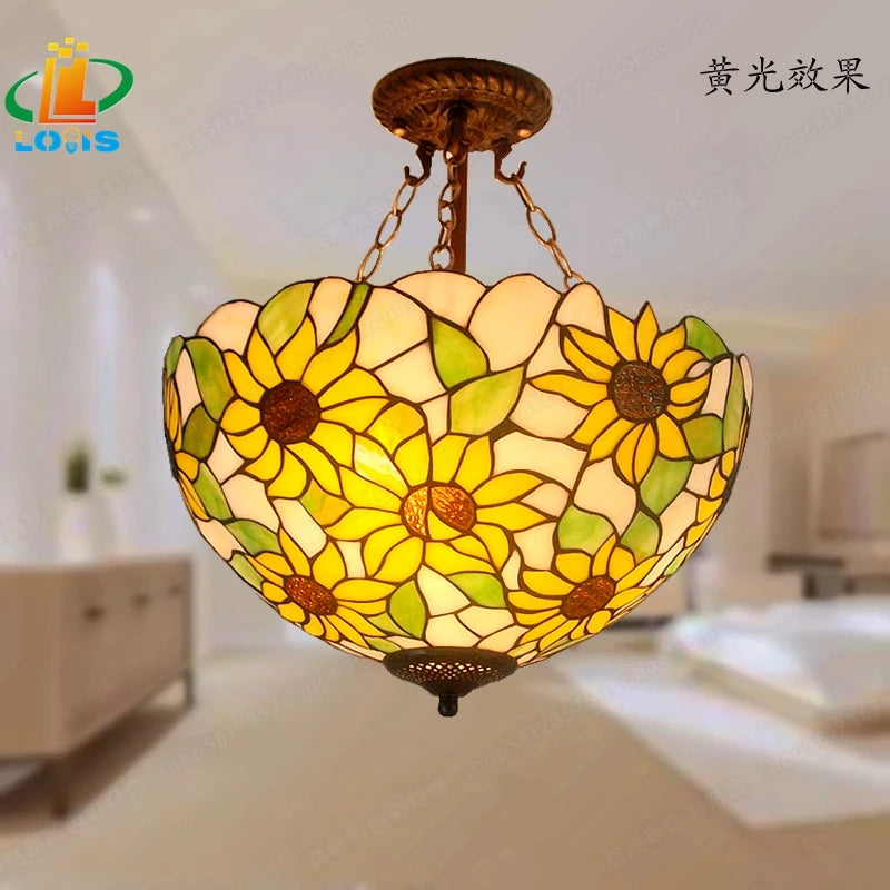 40CM Sunflower Yellow Glass Tiffanylamps Anti Chandeliers Bedroom, Living Room Lamps US French Bar Entrance Lighting