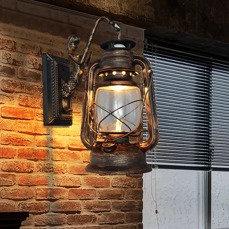 Retro Barn Lantern European Kerosene Wall Lamp Bedroom Bedside wall Lights,Wrought Iron glass Shade Restaurant Bar Aisle Sconce