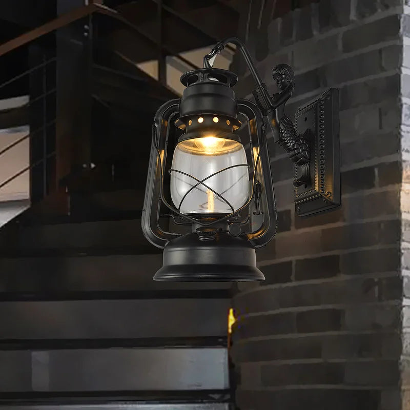 Retro Barn Lantern European Kerosene Wall Lamp Bedroom Bedside wall Lights,Wrought Iron glass Shade Restaurant Bar Aisle Sconce