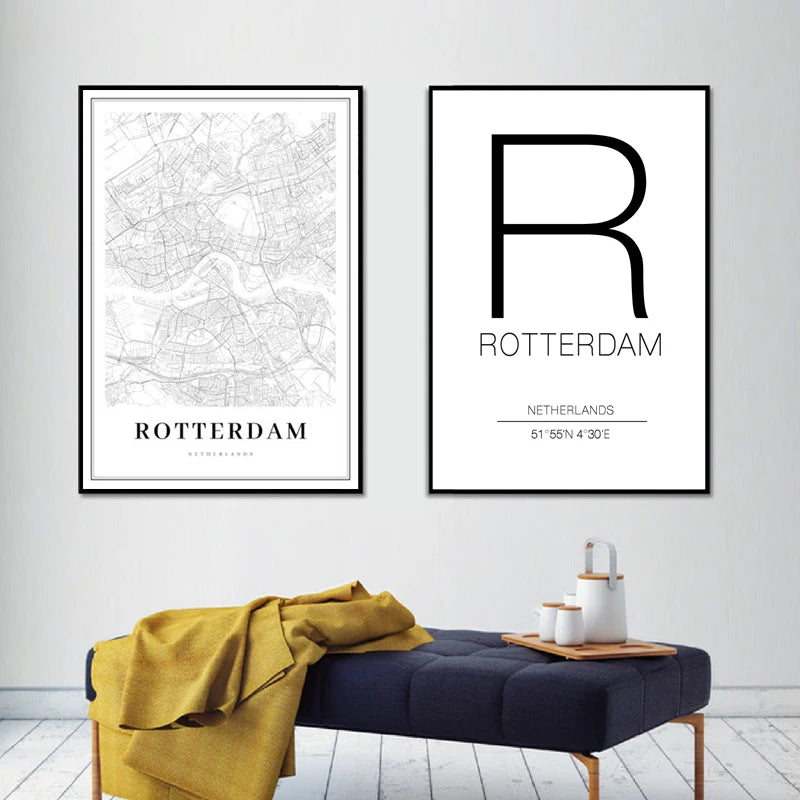 carte de rotterdam art mural noir et blanc décoration moderne