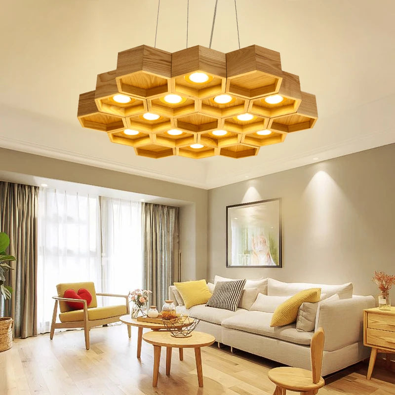 suspension LED en bois en forme de nid d'abeille créative et minimaliste