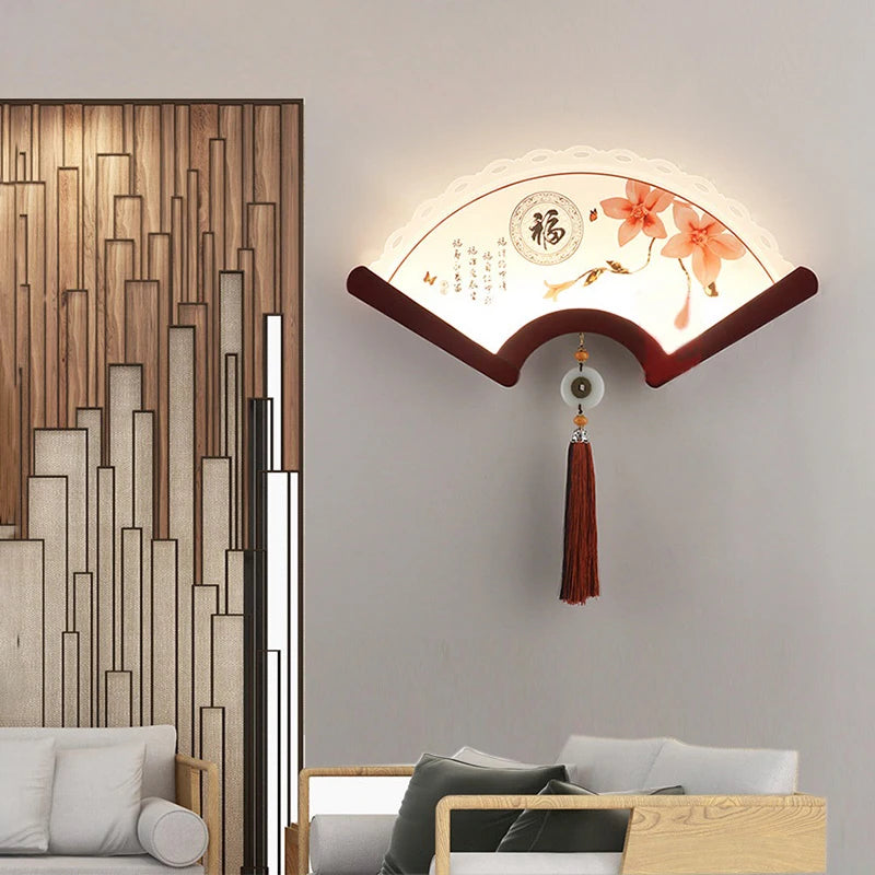 applique murale en bois éventail à led design rétro asiatique décoratif