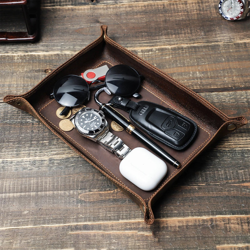 plateaux de rangement pliables en cuir véritable pour bureau et clés