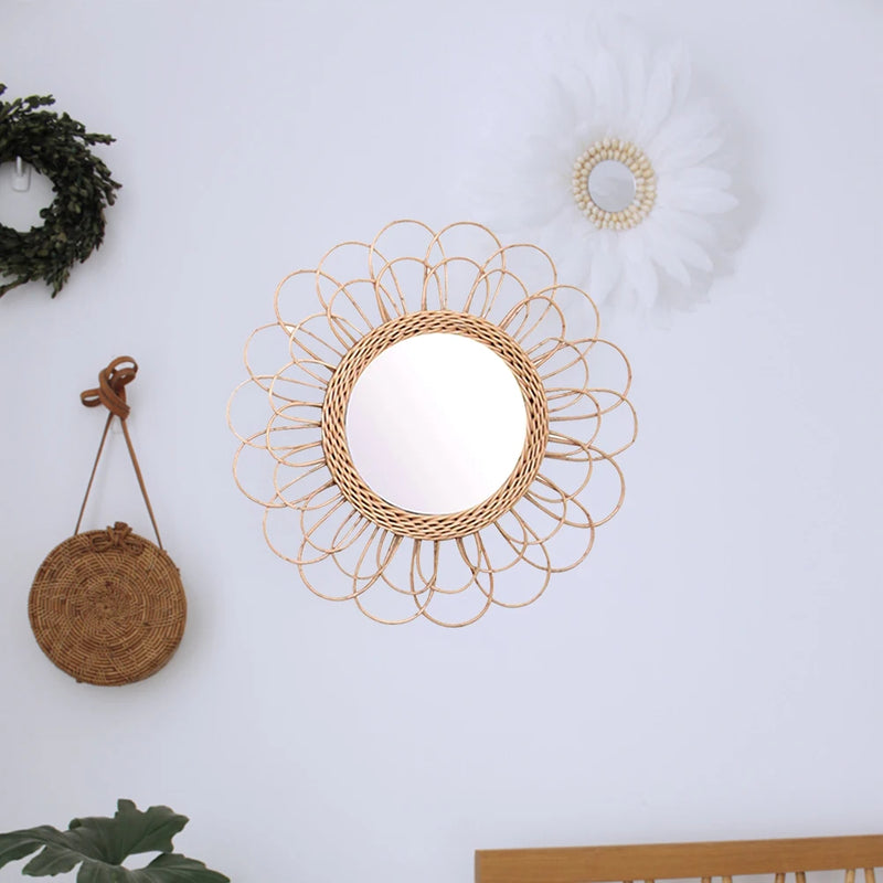 miroir suspendu en rotin motif tournesol décoratif boho