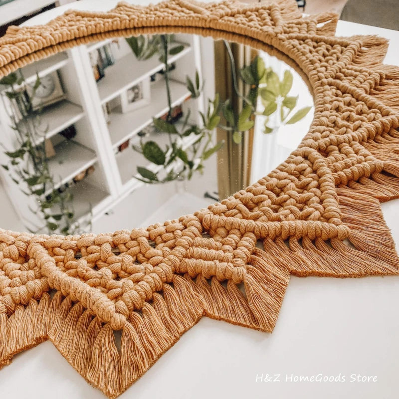 miroir décoratif en macramé style bohème pour décoration intérieure