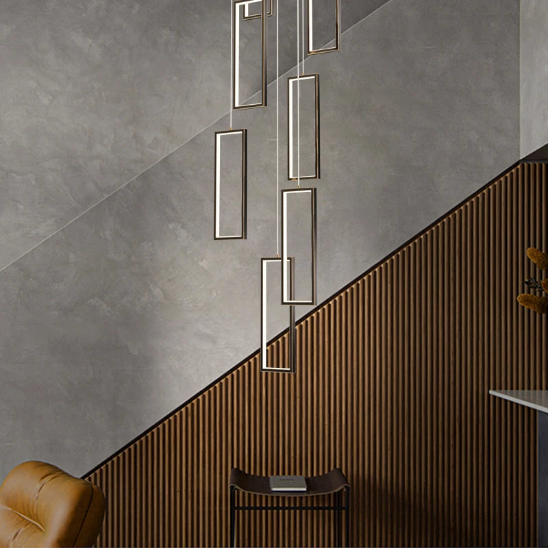 lustre led rectangulaire moderne en cuivre pour escaliers et loft