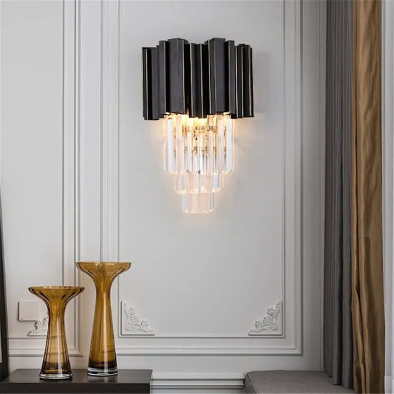 Crystal Wall Light, Gold Black Finish Wall Sconce, Modern K9 Crystal Drops Shade Wall Lamp Bedroom Living Room Lighting