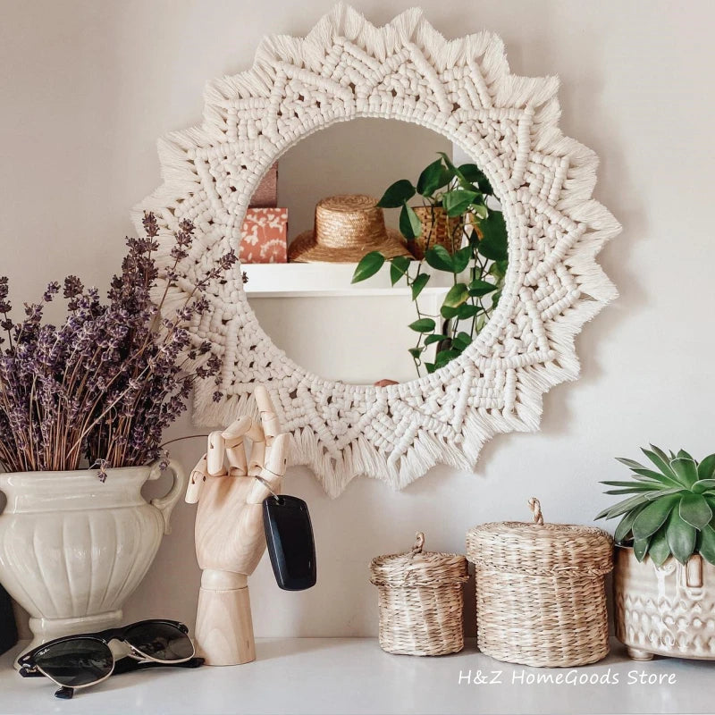 miroir décoratif en macramé style bohème pour décoration intérieure