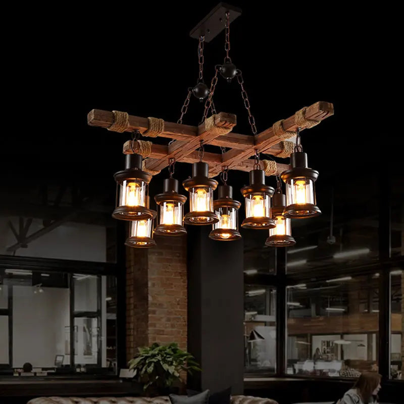 lustre industriel rétro en bois et fer avec 8 lampes