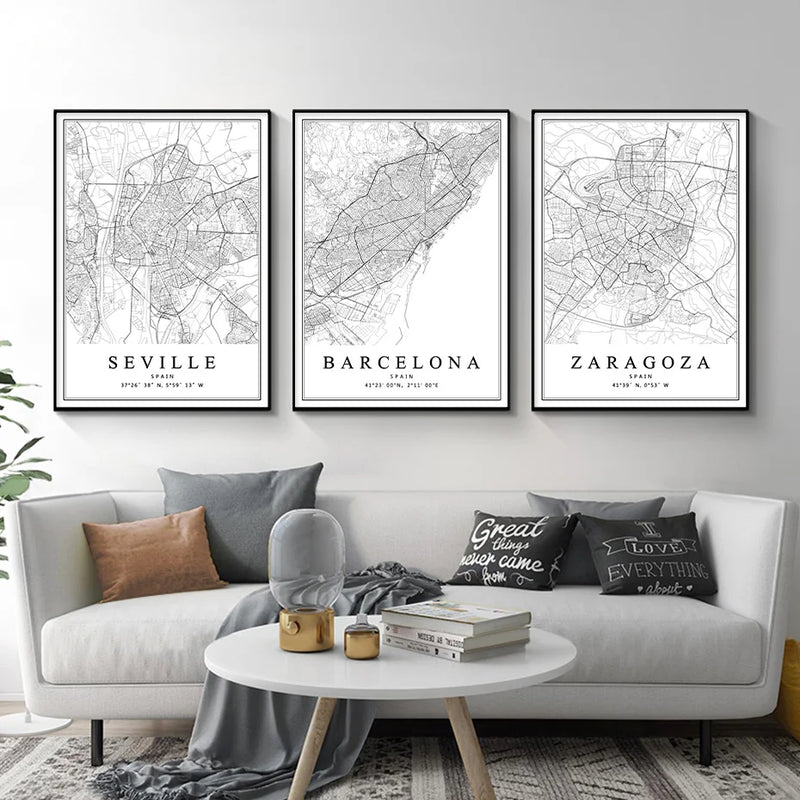 carte artistique des villes espagnoles pour décoration intérieure