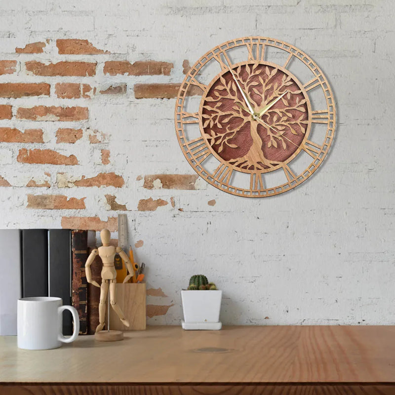 horloge murale en bois arbre de vie style ferme décorative et silencieuse