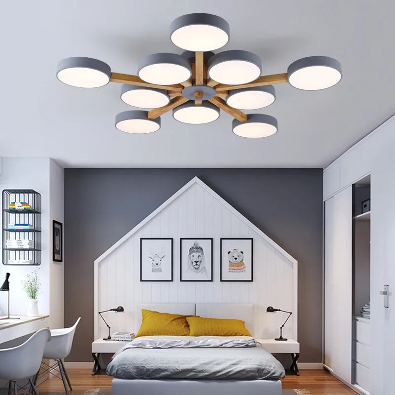 lustre moderne en bois avec luminaire led pour décoration maison