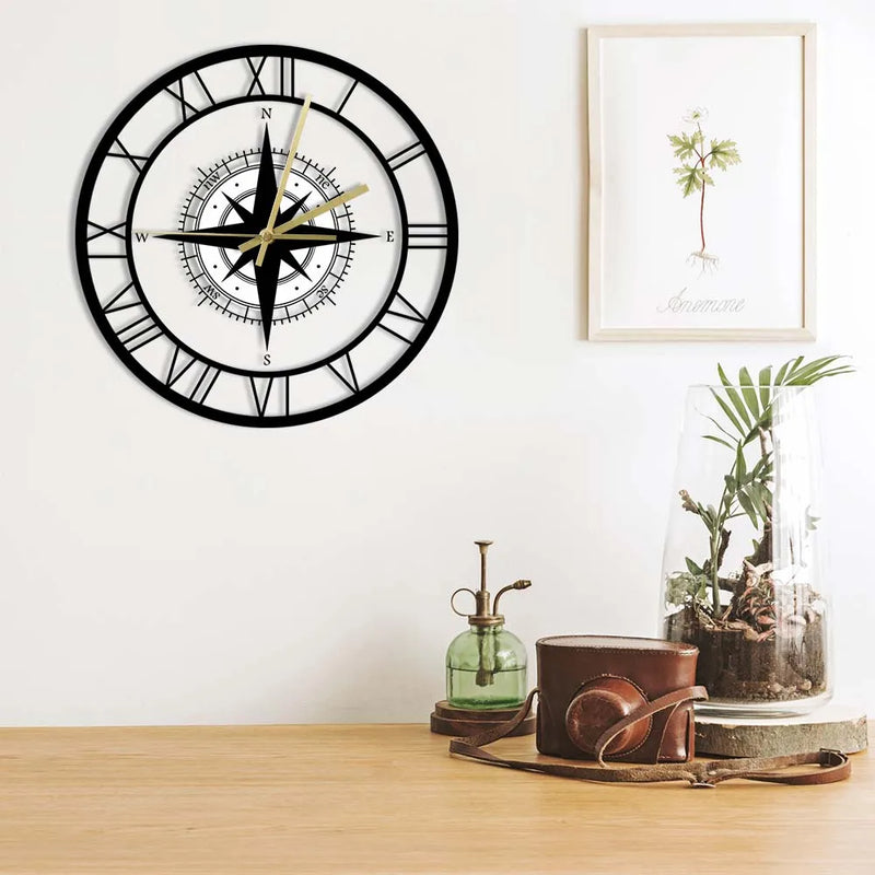 horloge murale silencieuse avec boussole et carte nautique