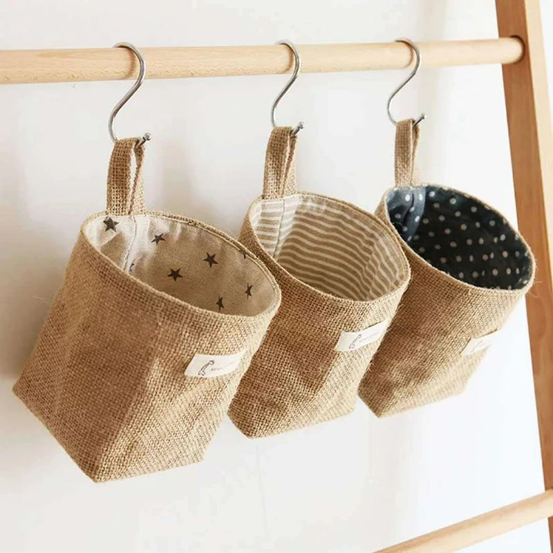 panier de rangement en jute coton et lin avec poignée