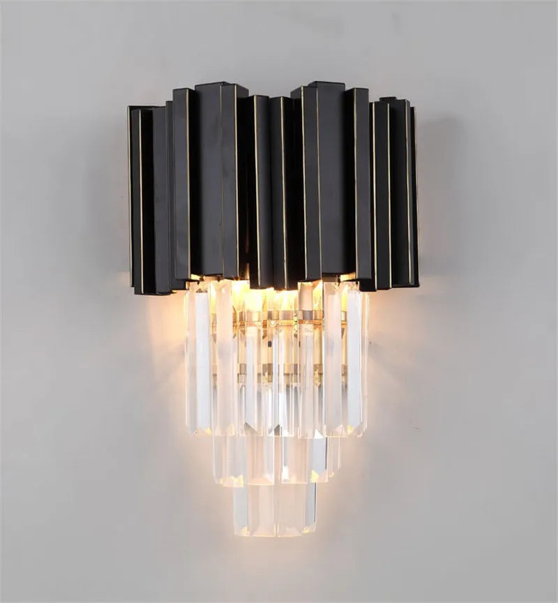 Crystal Wall Light, Gold Black Finish Wall Sconce, Modern K9 Crystal Drops Shade Wall Lamp Bedroom Living Room Lighting