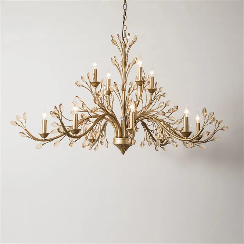 lustre américain en fer forgé avec cristal vintage en branches dorées